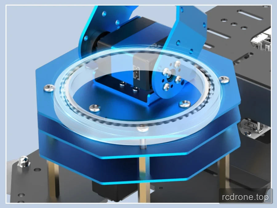 Close-up of the robot arm's circular base bearing and layered mounting platform