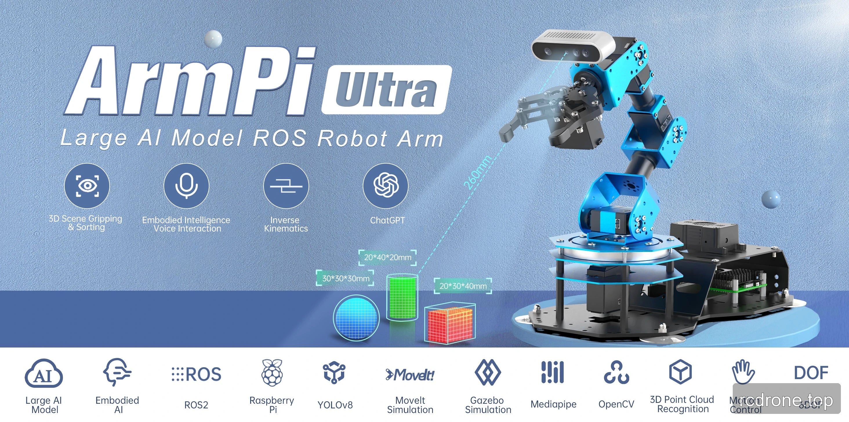 ArmPi Ultra robot arm with camera, gripper, AI features and robotics software labels