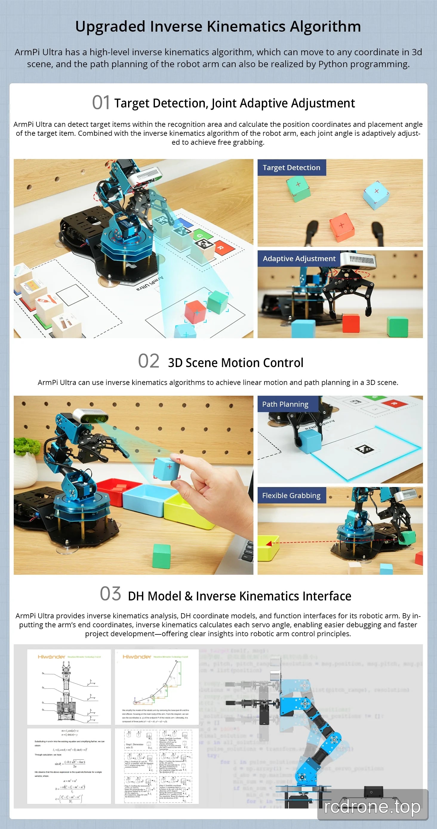 ArmPi Ultra target detection, adaptive grasping, 3D path planning and inverse-kinematics model illustrations