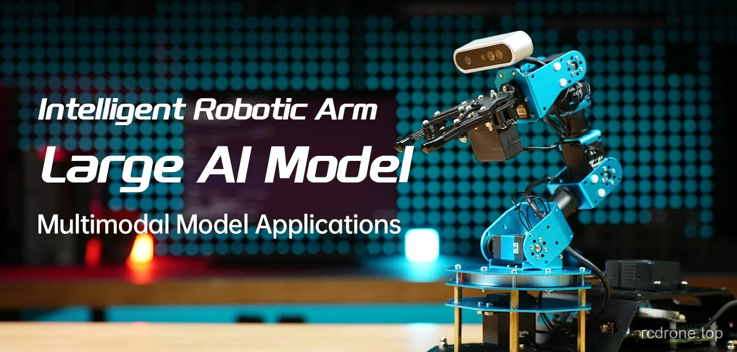 ArmPi Ultra robotic arm with depth camera beside a multimodal AI applications heading