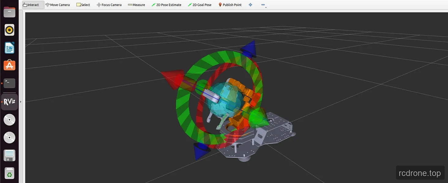 RViz robotic arm visualization with colored translation arrows and rotation controls
