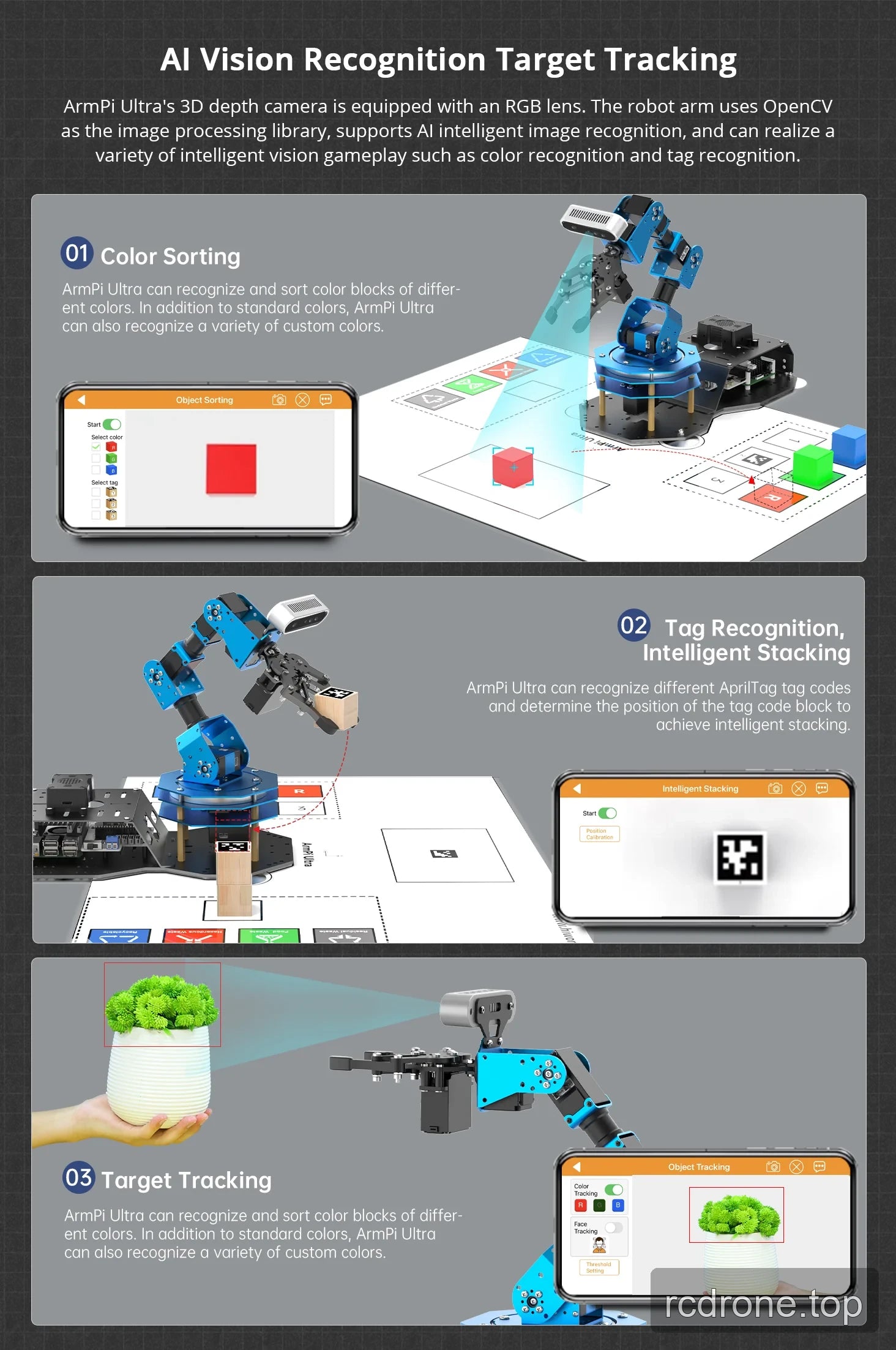 ArmPi Ultra demonstrations of color sorting, AprilTag block stacking and camera-based target tracking
