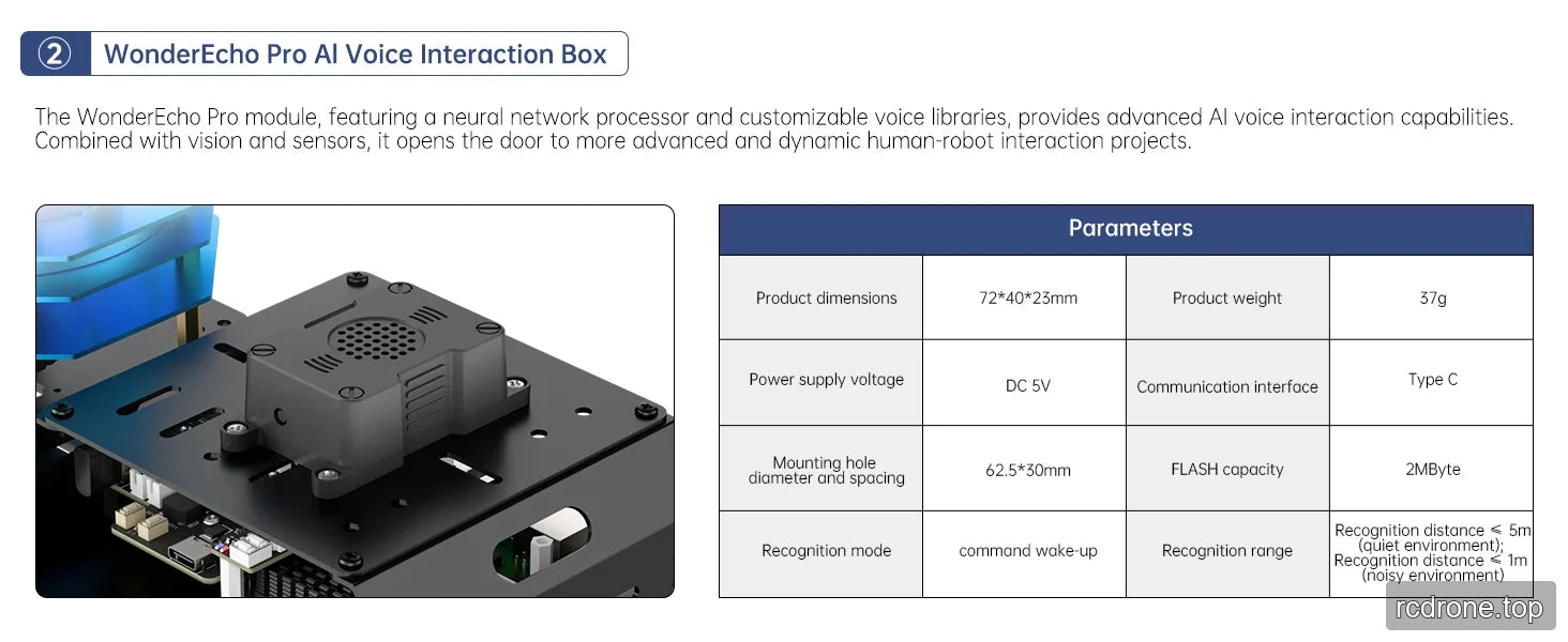 WonderEcho Pro voice module mounted on the robot base with its specifications