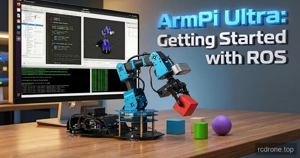 ArmPi Ultra grasping a red block beside a monitor displaying code and a robot visualization
