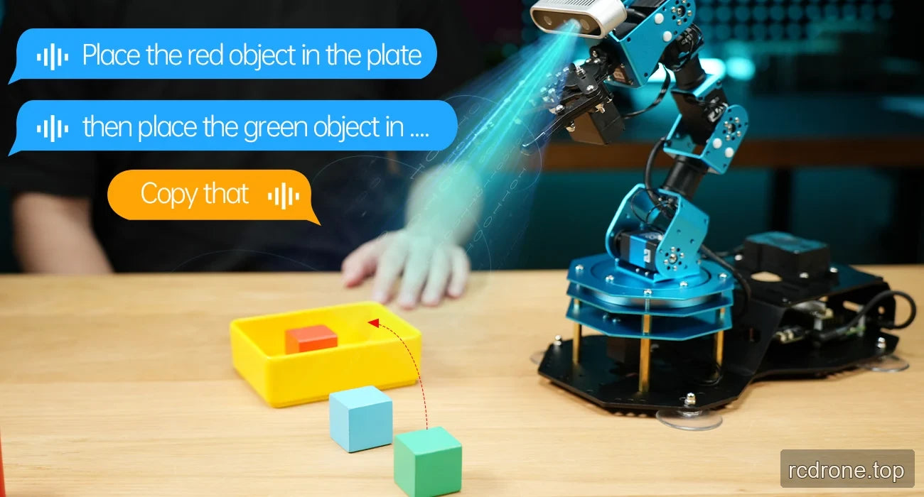 ArmPi Ultra color-based placement demonstration with red, green, and blue cubes and a yellow tray