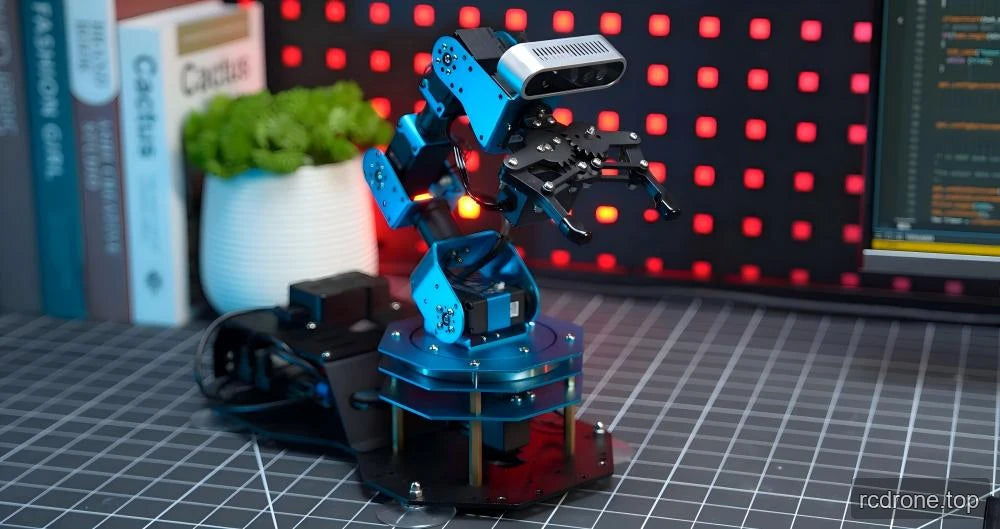 Blue articulated robot arm with an open two-finger gripper and camera mounted above it