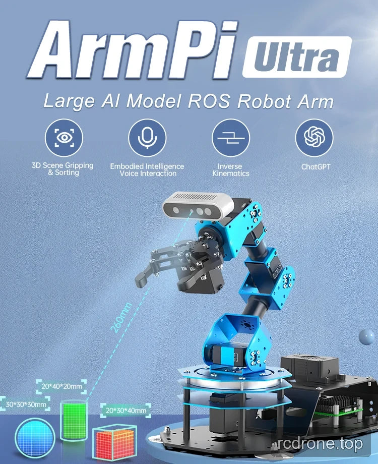 ArmPi Ultra with wrist-mounted camera and gripper beside AI interaction and sorting feature labels