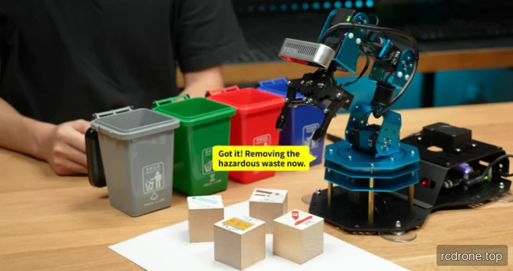 Robot arm beside labeled waste blocks and four colored miniature sorting bins