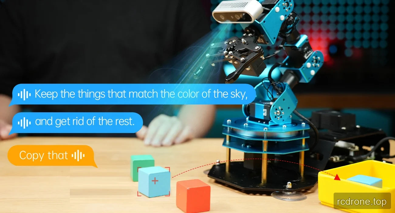 ArmPi Ultra identifying a blue block for sorting into a yellow tray using a spoken color instruction
