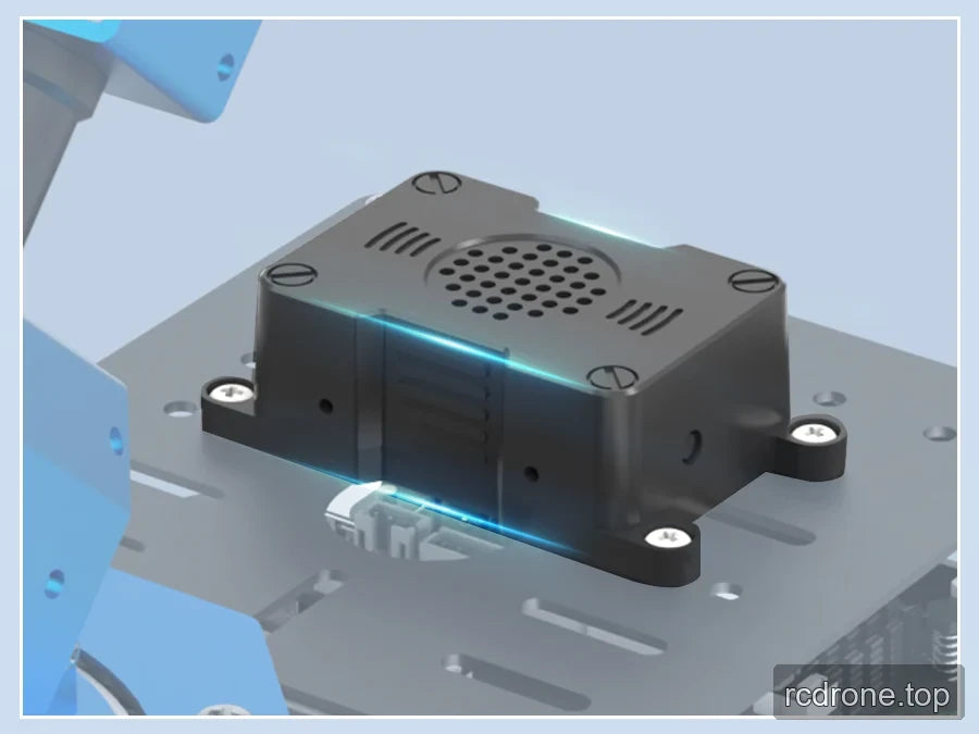 Black module with a perforated top grille secured to the robot's rear base platform