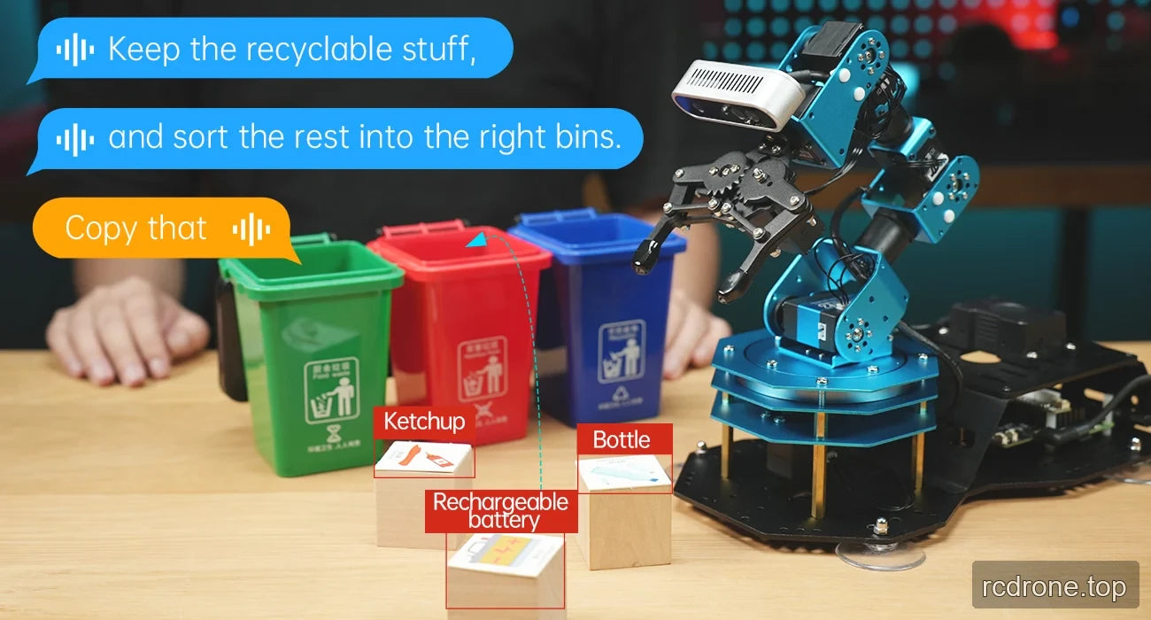 ArmPi Ultra waste-sorting demonstration with labeled objects and three colored bins