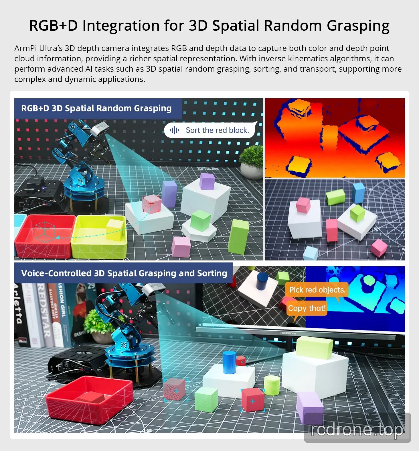 ArmPi Ultra uses RGB and depth views to locate colored objects for 3D grasping and voice-controlled sorting