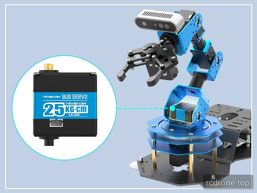 ArmPi Ultra lower joint with a Hiwonder LX-225 bus servo callout labeled 25 KG·CM