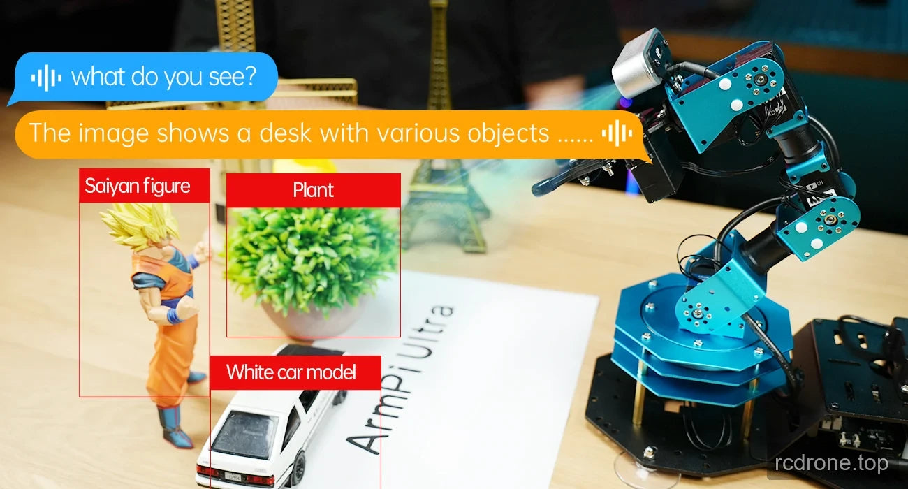 ArmPi Ultra recognizing a figure, plant, and white model car during a spoken scene-description task