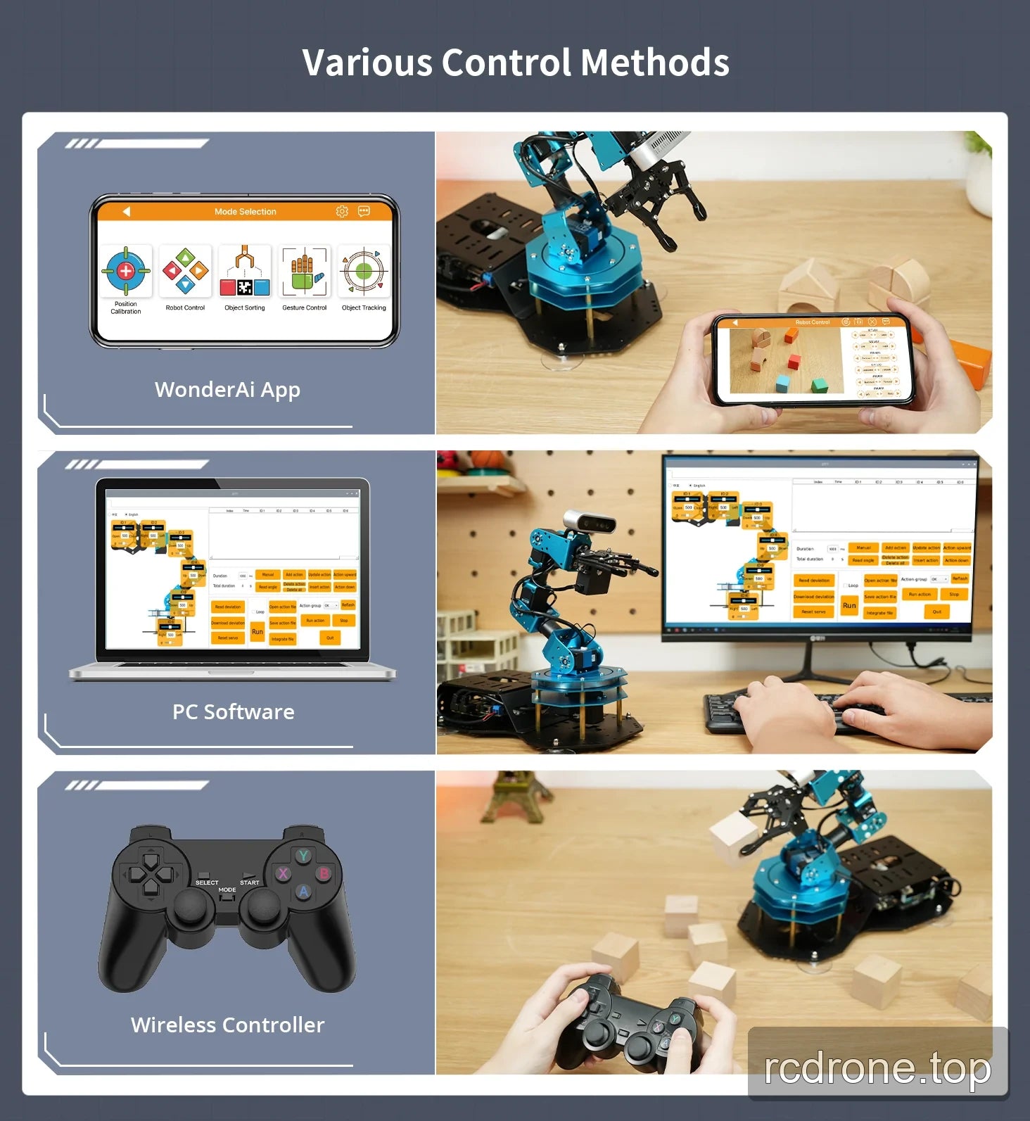 ArmPi Ultra control using the WonderAi phone app, PC software, and a wireless gamepad