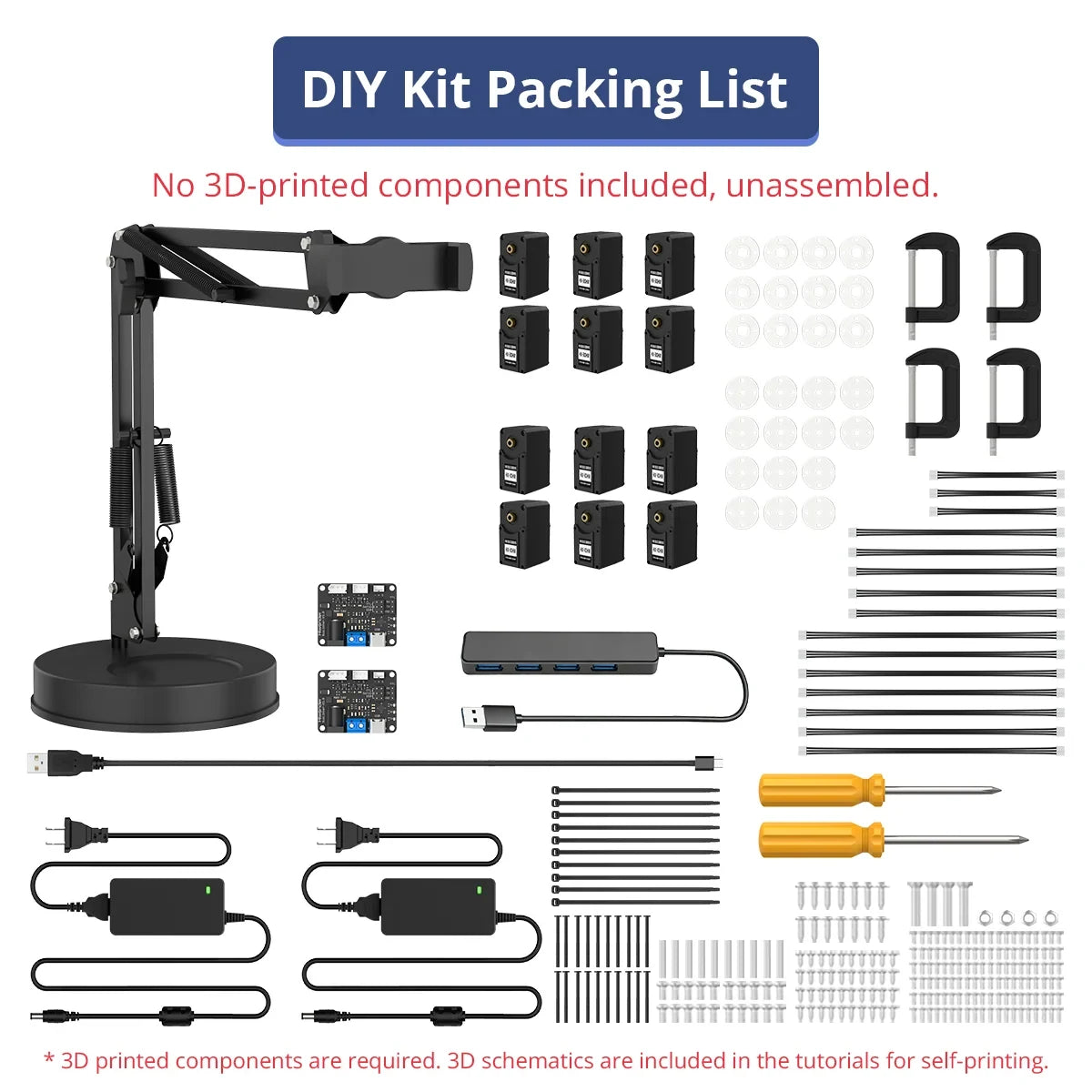 DIY kit layout with loose servos, boards, stand, cables, clamps, and tools; text states printed parts are not included.