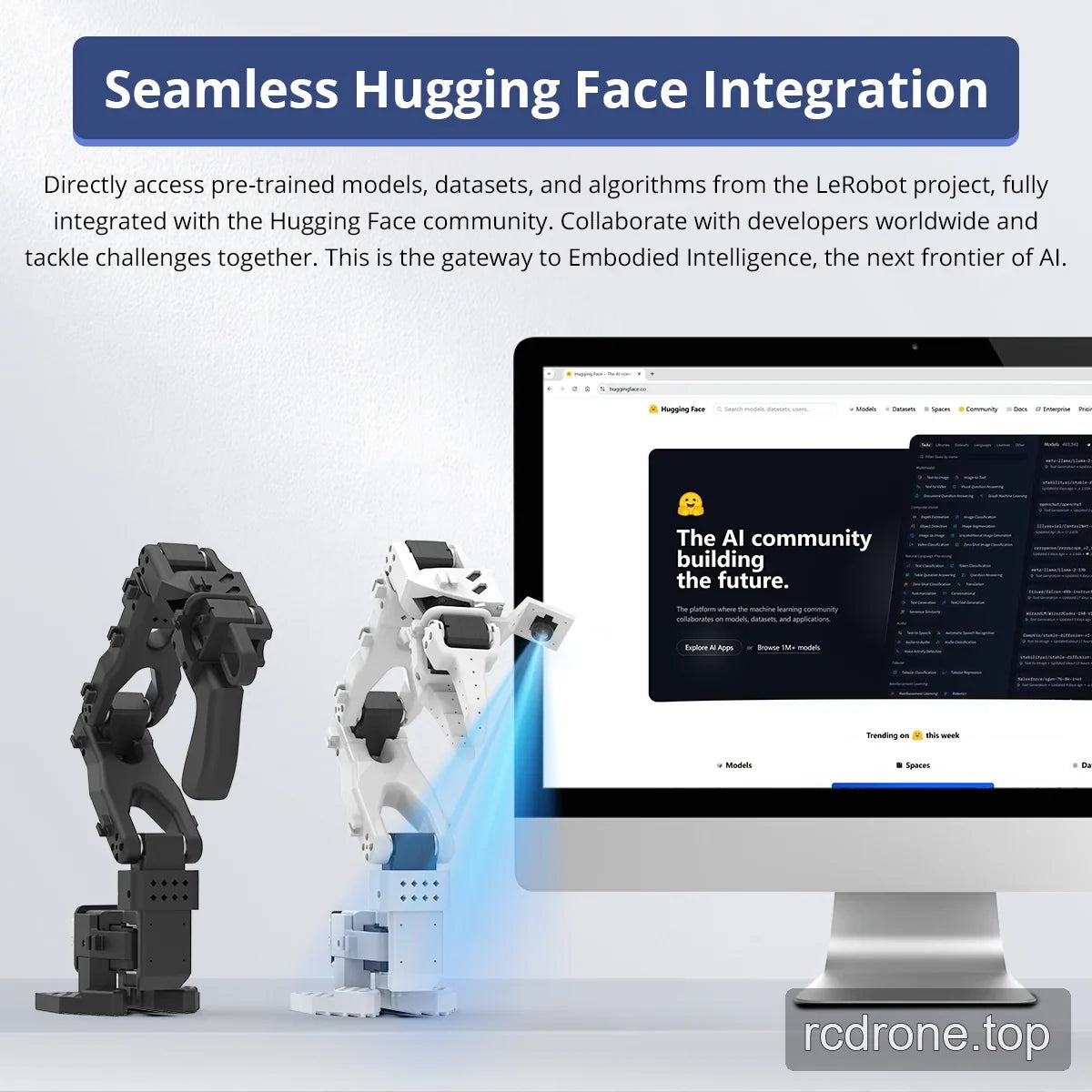Black and white robotic arms beside a Hugging Face screen, with text describing access to LeRobot models and datasets.