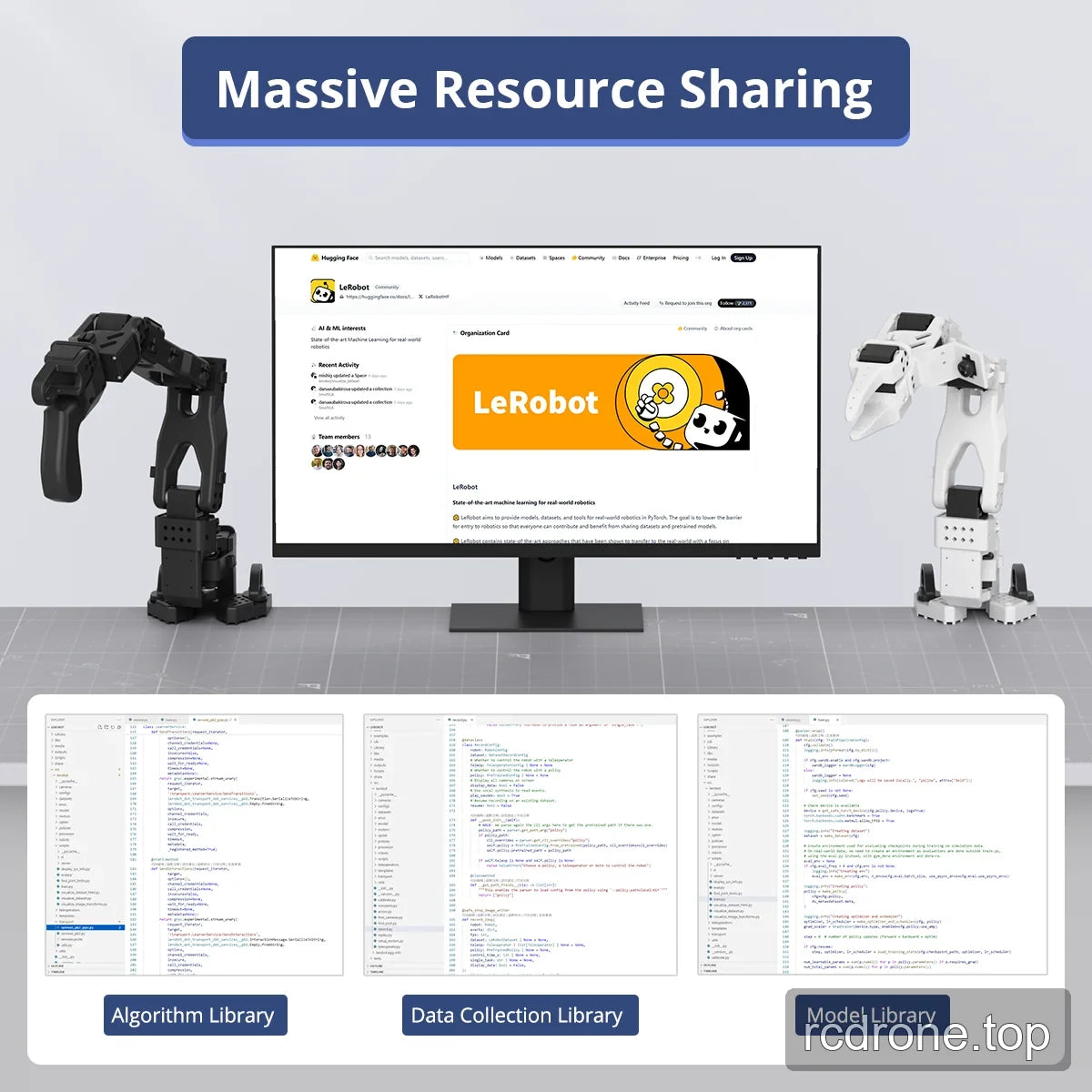 LeRobot community screen between two robotic arms, above algorithm, data collection, and model library code panels.