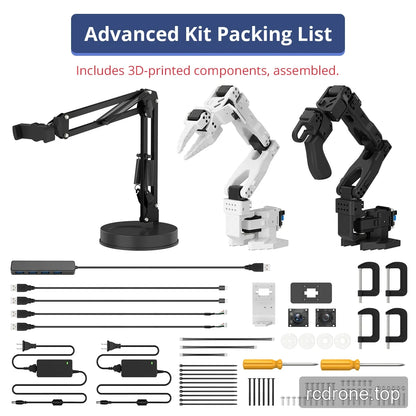 Advanced kit layout with two assembled arms, external camera stand, two cameras, clamps, cables, power adapters, and tools.