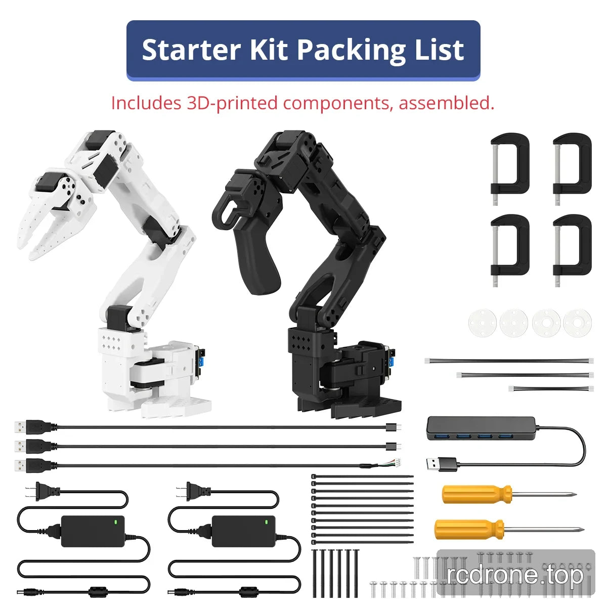 Starter kit packing layout with assembled white and black arms, clamps, USB hub, power adapters, cables, and tools.