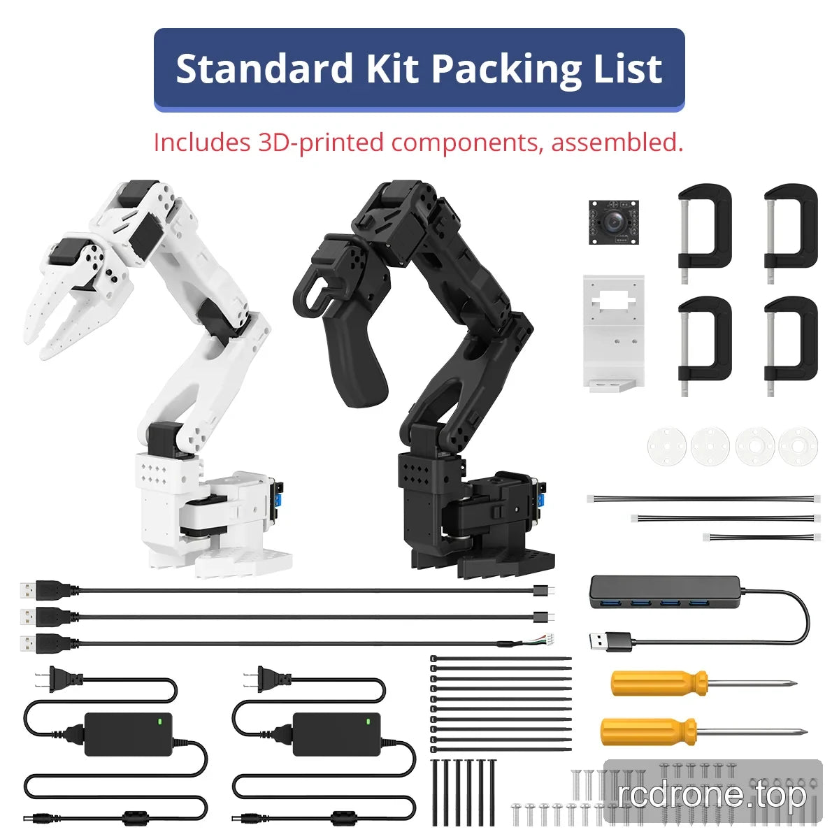 Standard kit contents with two assembled arms, a camera and bracket, clamps, USB hub, power adapters, and tools.