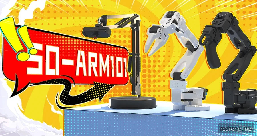SO-ARM101 artwork featuring black and white arms and a desktop camera stand