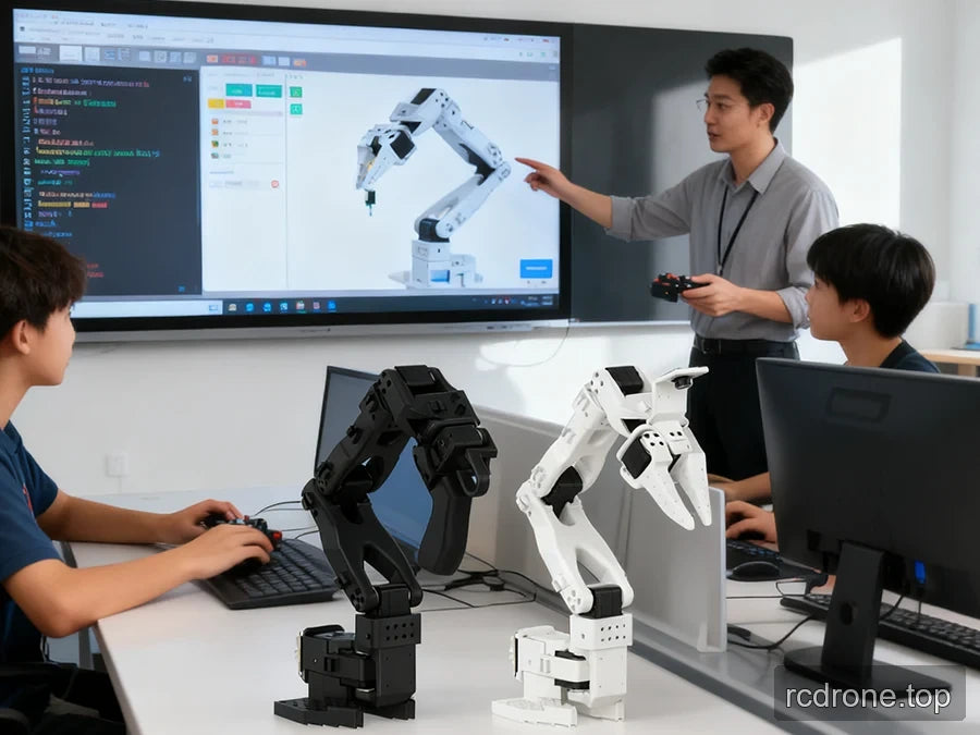 Instructor demonstrating robotic-arm programming with an on-screen arm model