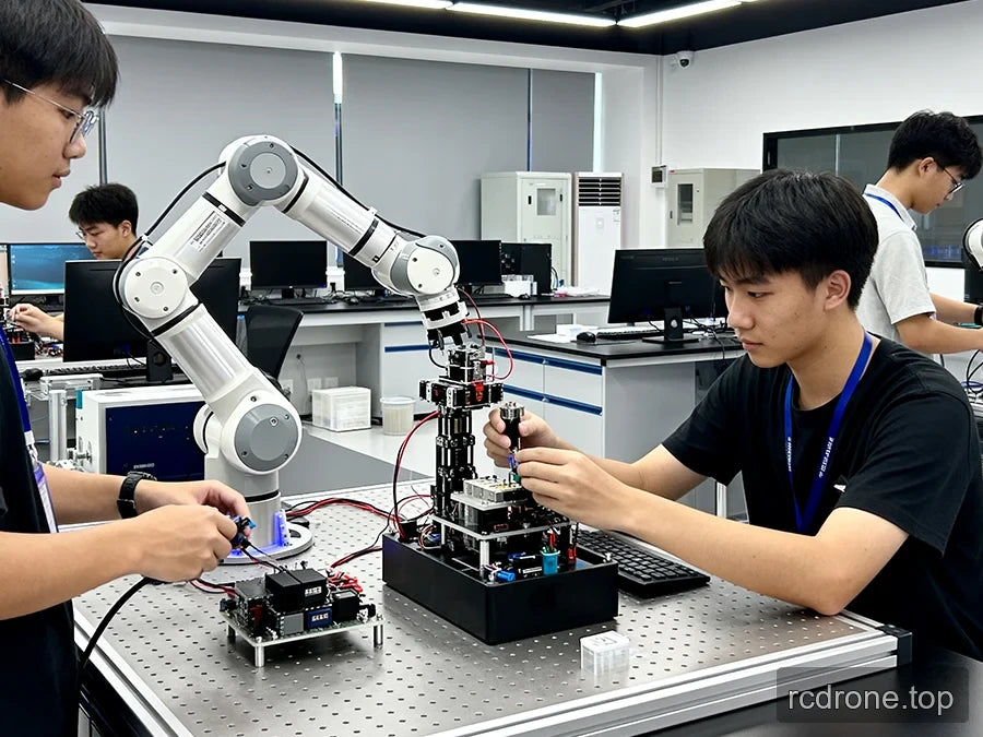People working with a large white robotic arm and electronics in a laboratory