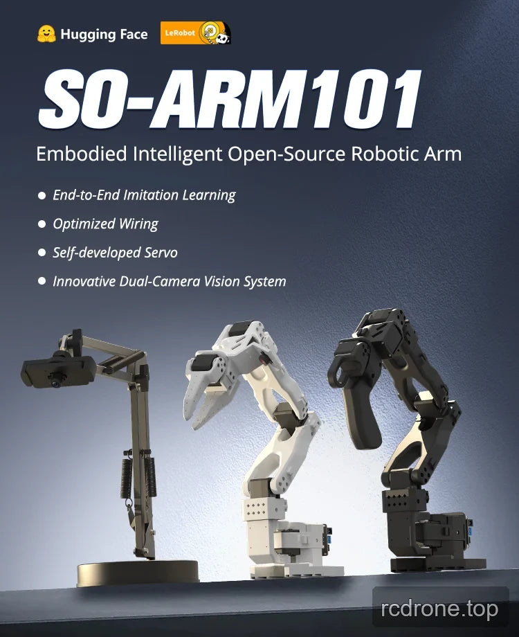 Black and white robotic arms beside a camera stand in a portrait feature overview