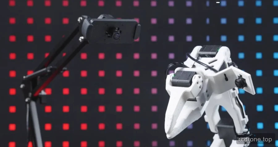 Gripper-mounted camera beside a separate camera on an articulated desktop stand