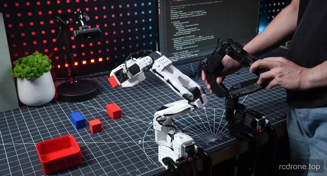 Operator guiding a black leader arm while a white follower arm grips a red block