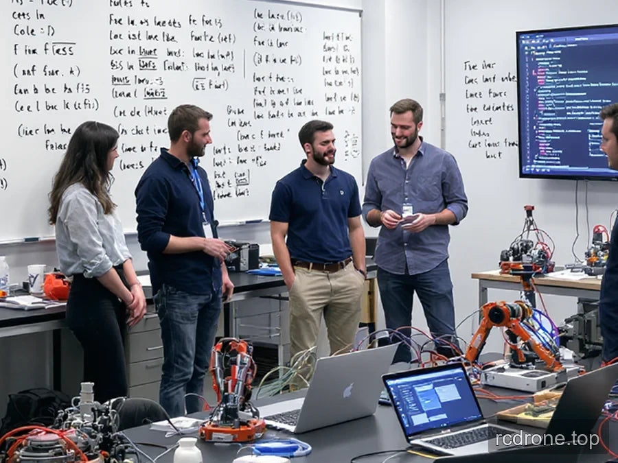 Robotics team gathered around laptops and orange robotic mechanisms