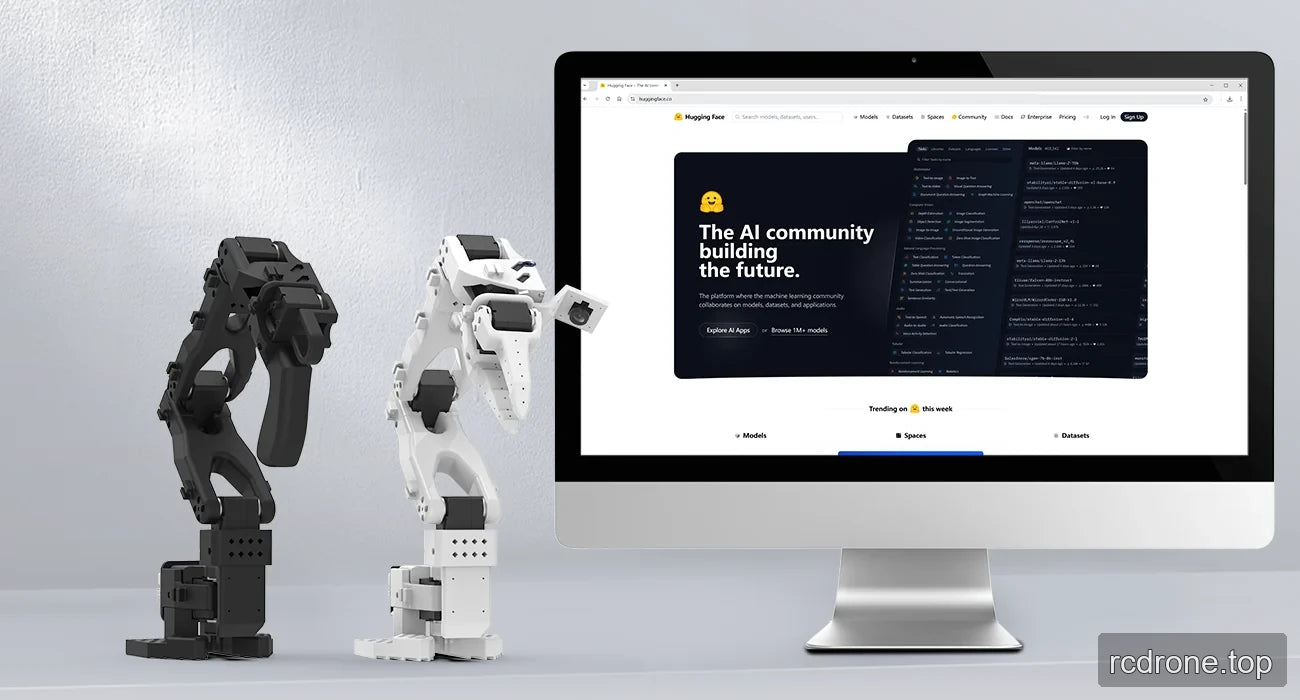 Robotic arms beside a Hugging Face display with a camera near the white arm's gripper