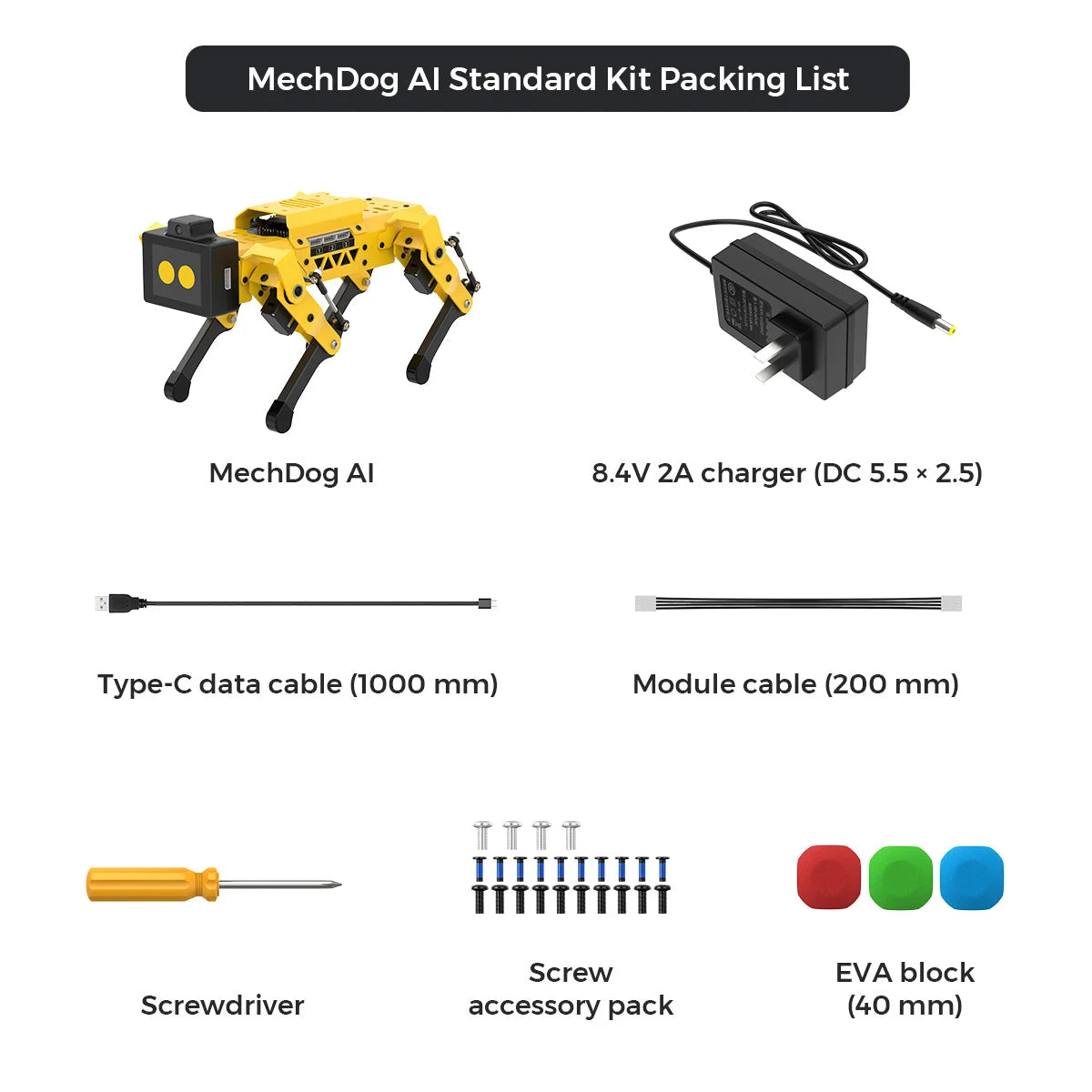 MechDog AI Standard Kit packing contents without robotic arm
