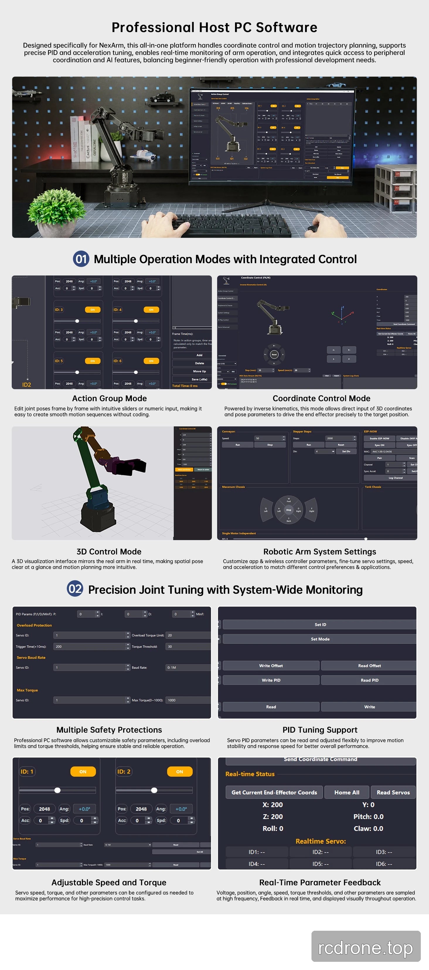 PC action editor, coordinate control, 3D visualization and servo tuning