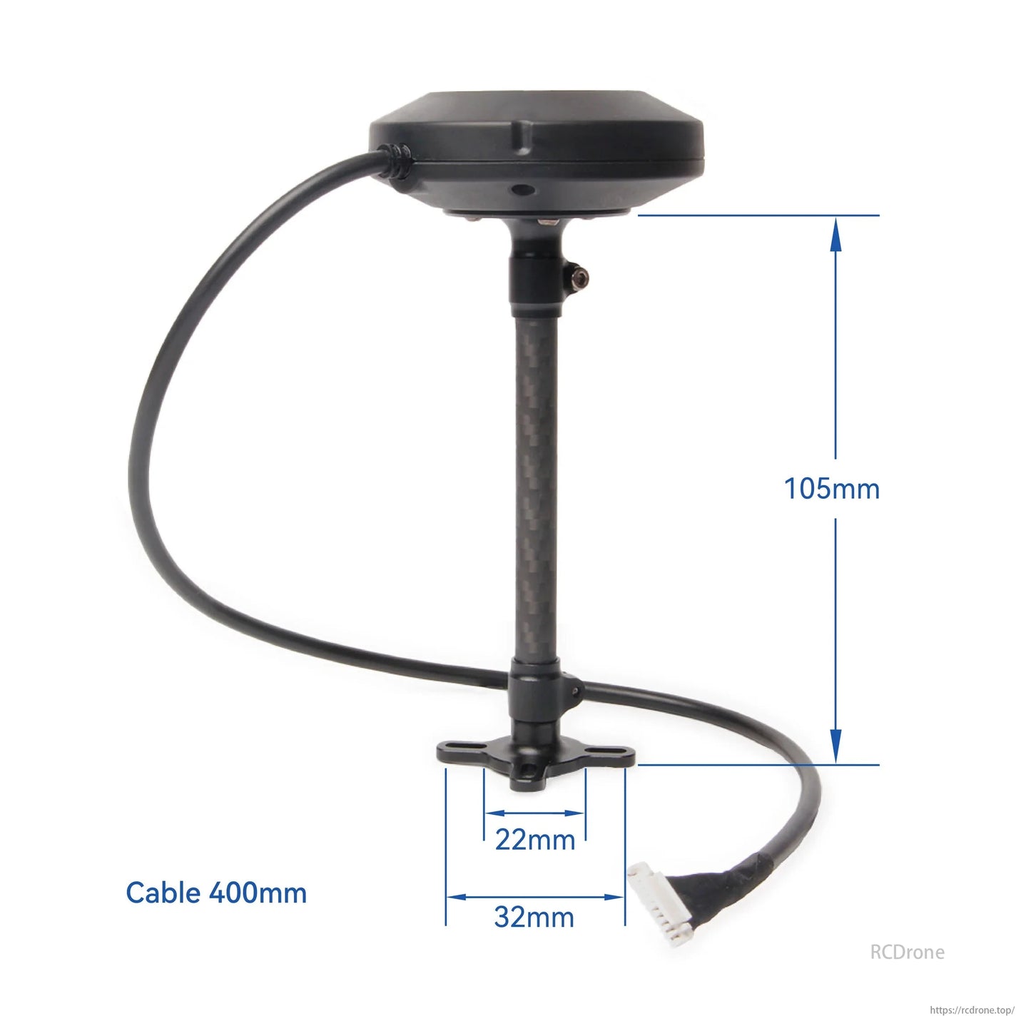Holybro H-RTK NEO-F9P rover GNSS module with RM3100 compass, IP66 waterproof, compatible with UAV drones via CAN & UART. Dimensions: 400mm cable, 105mm height, 22x32mm base.