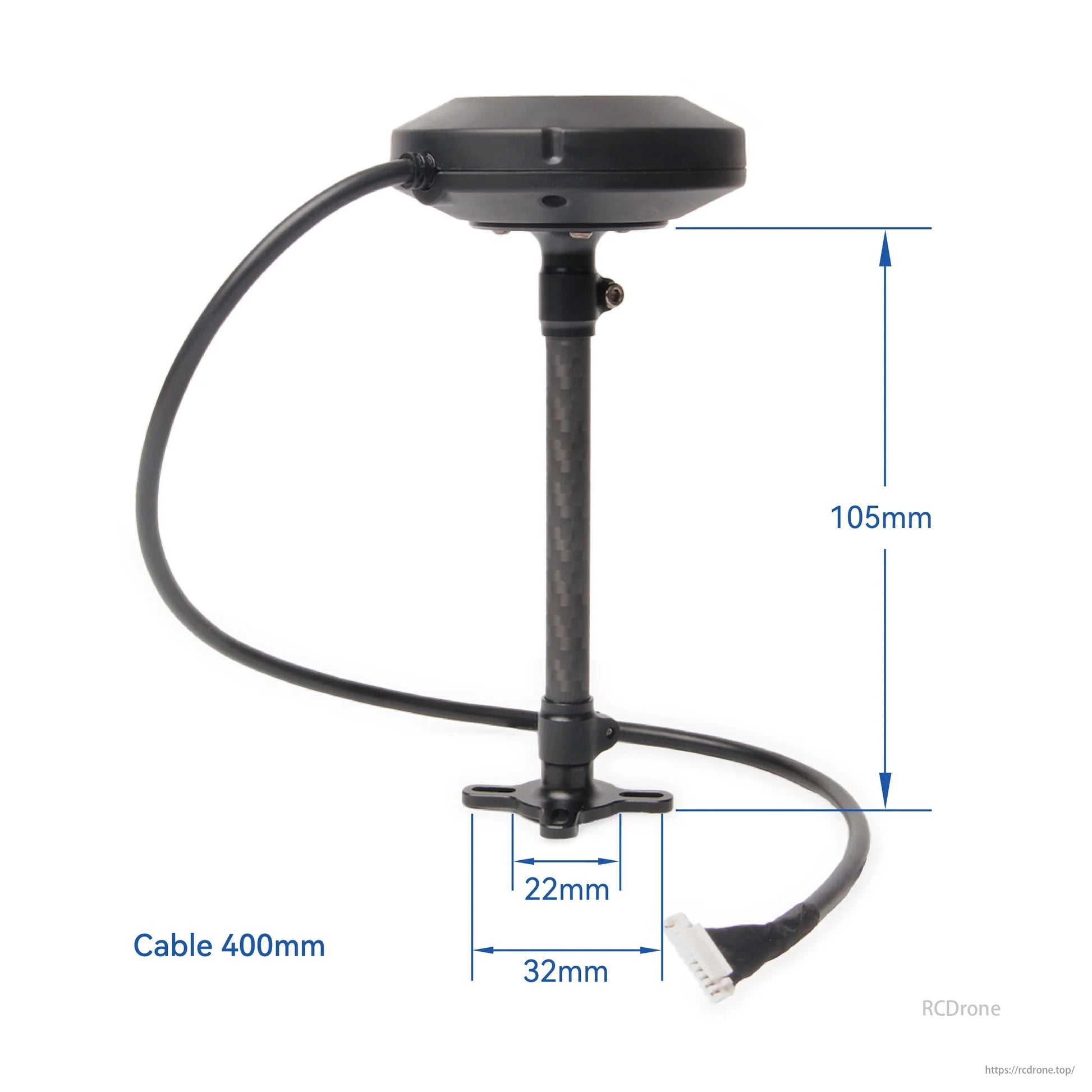 Holybro H-RTK NEO-F9P rover GNSS module with RM3100 compass, IP66 waterproof, compatible with UAV drones via CAN & UART. Dimensions: 400mm cable, 105mm height, 22x32mm base.