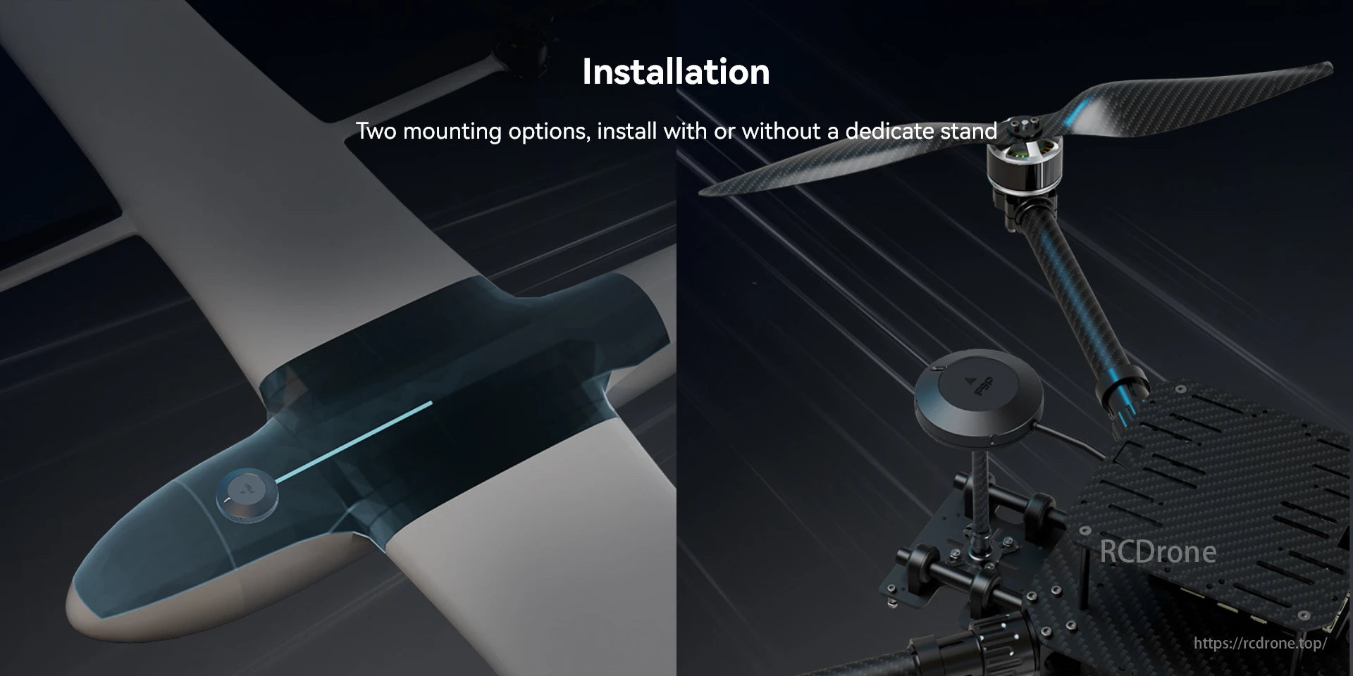 Holybro H-RTK Rover, Installation: Two mounting options, with or without a dedicated stand.