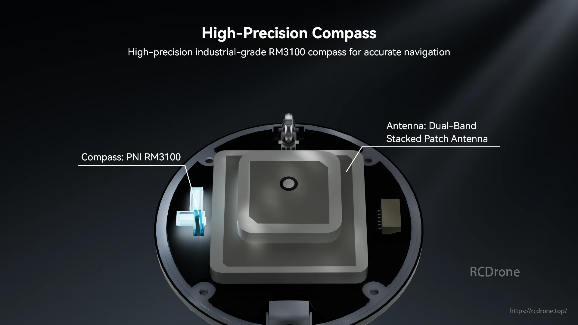 Holybro H-RTK Rover, High-precision PNI RM3100 compass and dual-band stacked patch antenna for accurate navigation.