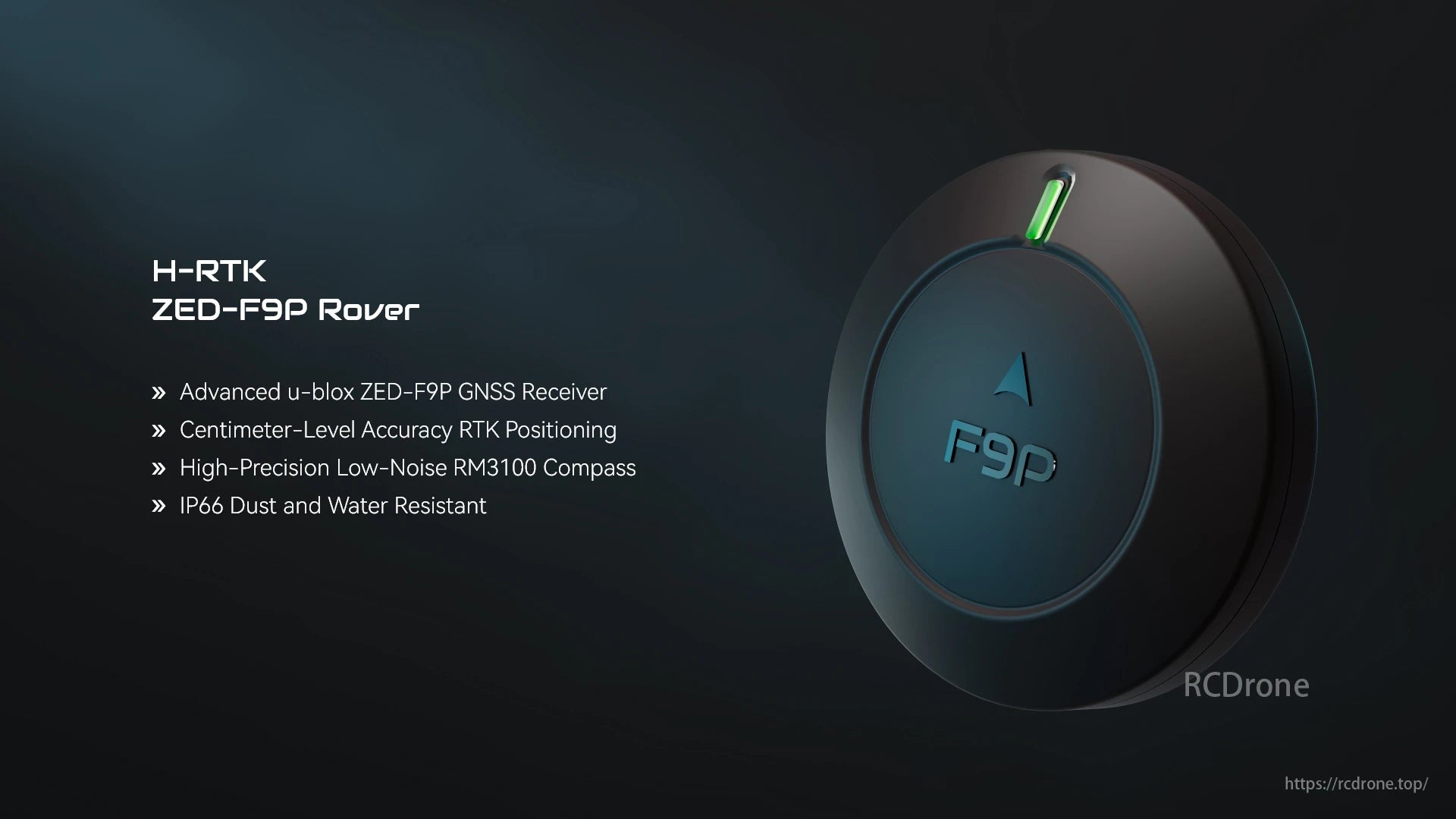 The Holybro H-RTK ZED-F9P Rover features u-blox GNSS, RTK positioning, RM3100 compass, and IP66 protection.