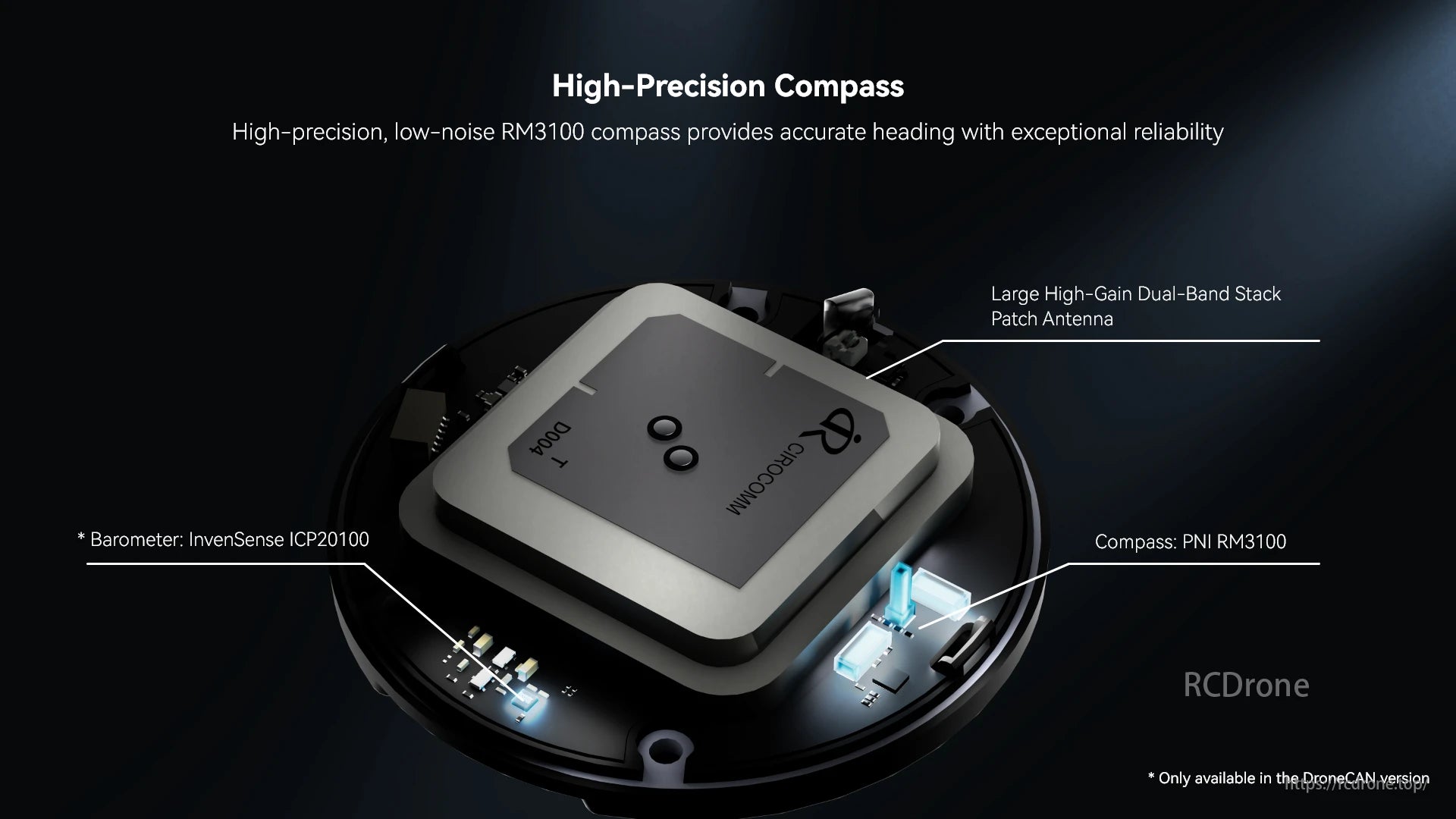 Holybro H-RTK ZED, The RM3100 offers accurate heading with a dual-band antenna and ICP20100 barometer, available in DroneCAN version.
