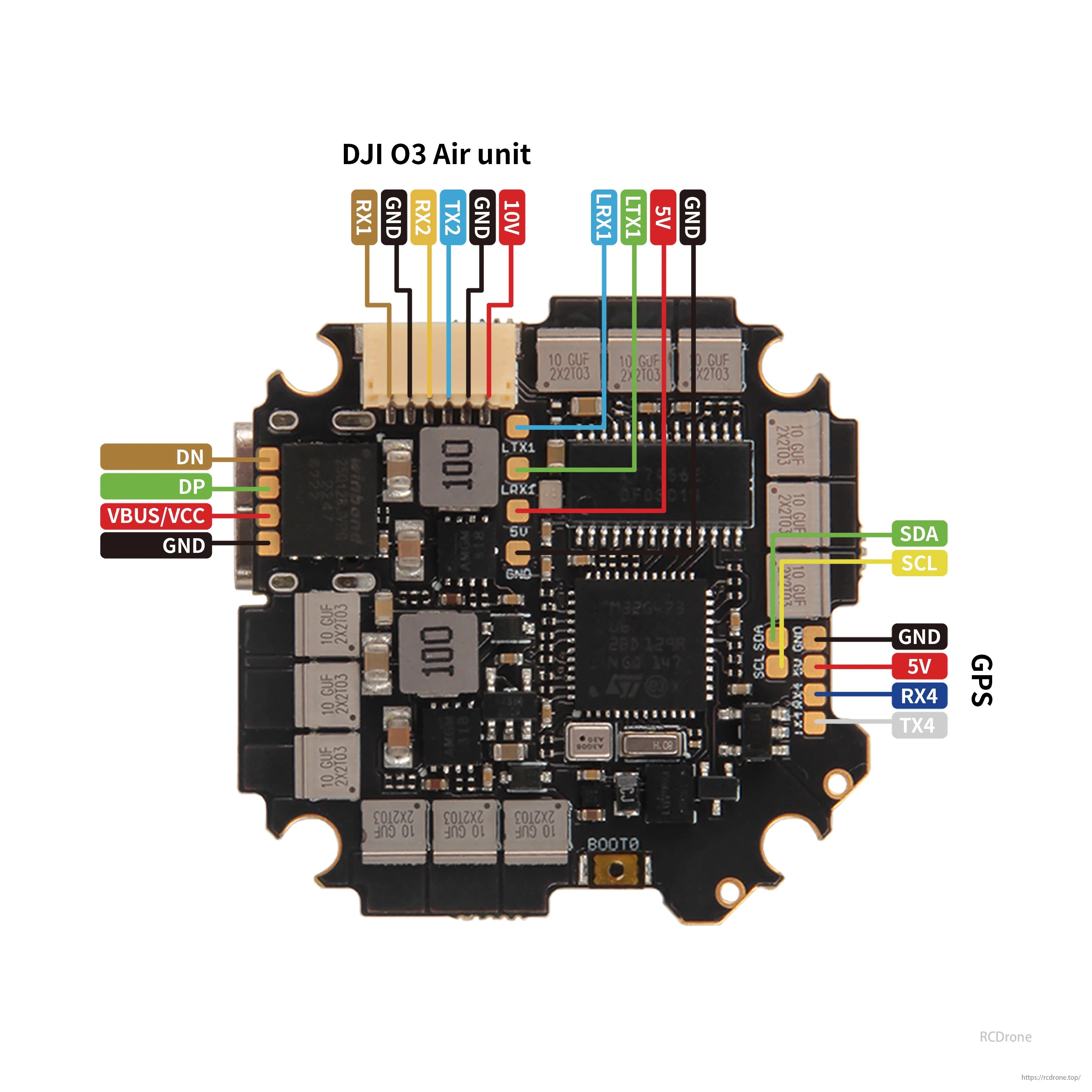Holybro Kakute G4 AIO flight controller with 35A ESC supports 2-6S FPV drones. Features DJI O3 Air, GPS, multiple ports (SDA, SCL, RX4, TX4), and power connections (VBUS/VCC, GND, 5V).