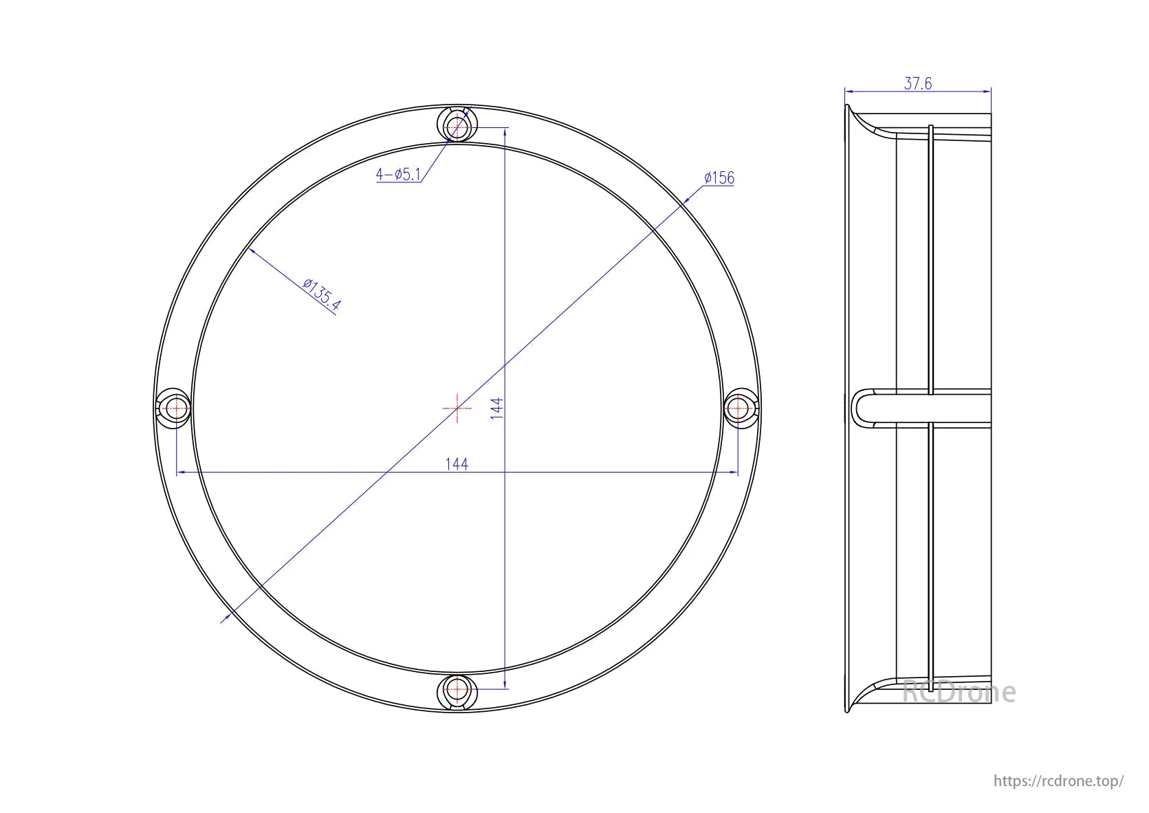Holybro Kopis X8 Cinelifter 5-Inch Drone, Dimensions: 156mm diameter, 135.4mm inner diameter, 37.6mm height, with four evenly spaced 5.1mm holes; ideal for FPV rigs and camera setups.