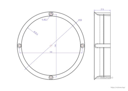 Holybro Kopis X8 Cinelifter 5-Inch Drone, Dimensions: 156mm diameter, 135.4mm inner diameter, 37.6mm height, with four evenly spaced 5.1mm holes; ideal for FPV rigs and camera setups.