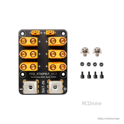 Holybro PDB XT90PB-F V1.1 supports 300A continuous and 1000A burst currents, ideal for UAV drones.