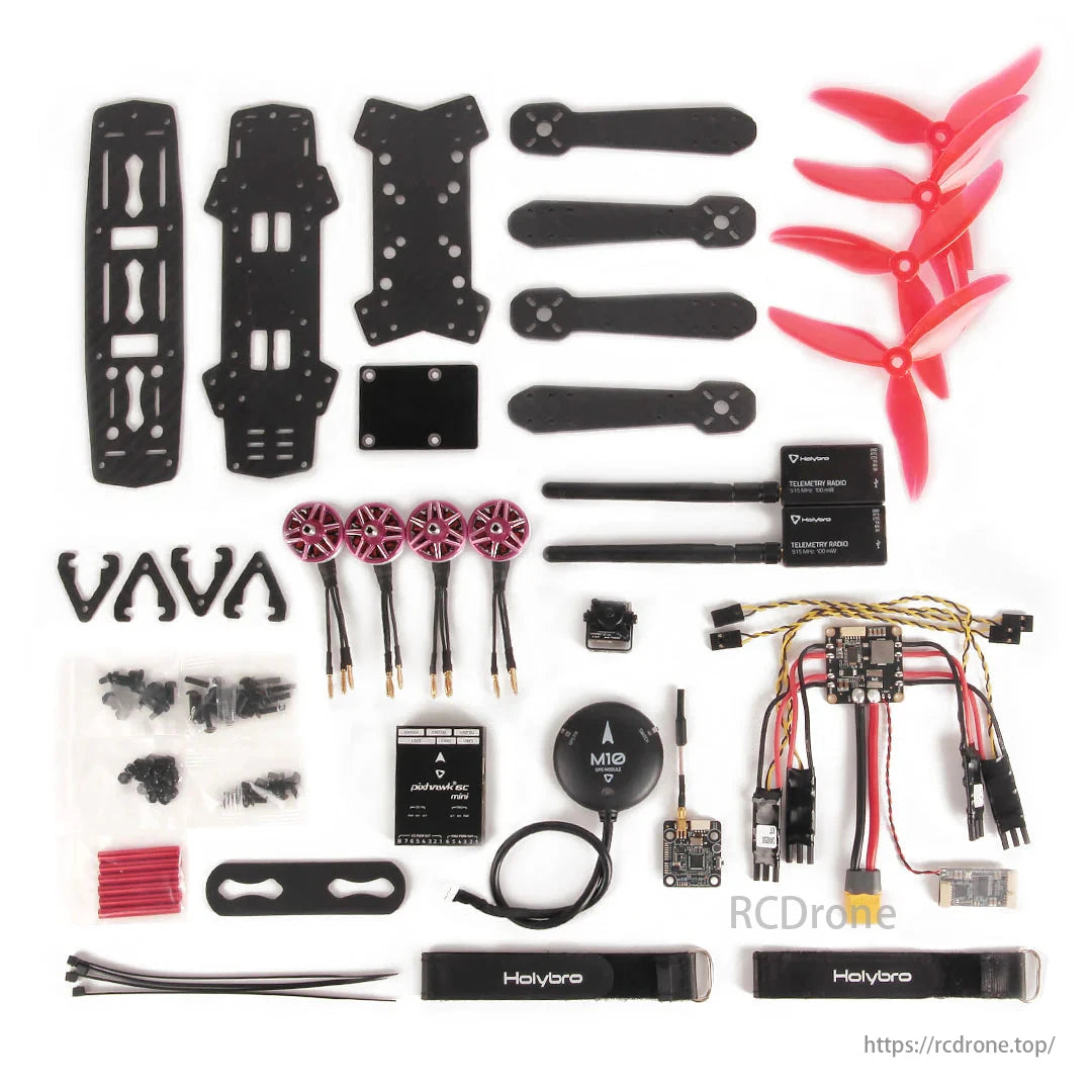 Holybro QAV250 FPV Racing Drone, The Holybro QAV250 FPV racing drone kit features a 250mm carbon frame, 2207 1950KV motors, Pixhawk 6C Mini flight controller, M10 GPS, OSD, and BLHeli-S 20A ESC.