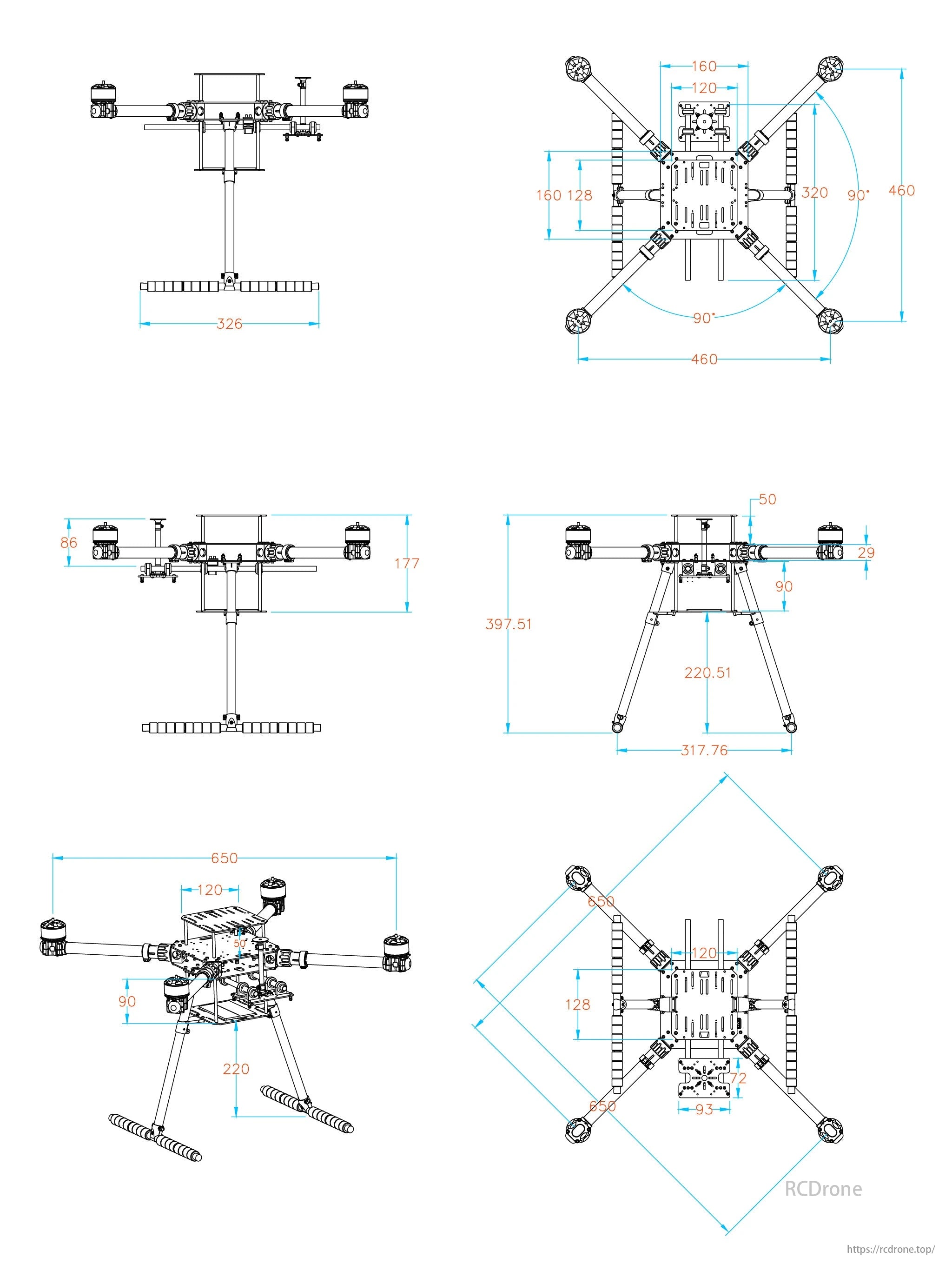 The Holybro X650 development drone features a 326mm width, 650mm diagonal, and 220mm height, with structural details included.