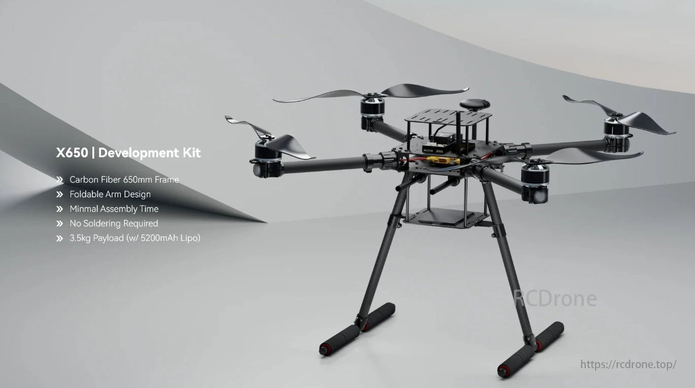 Holybro X650 Development Drone, The Holybro X650 Development Kit features a carbon fiber frame, foldable arms, minimal assembly, and a 3.5kg payload capacity.