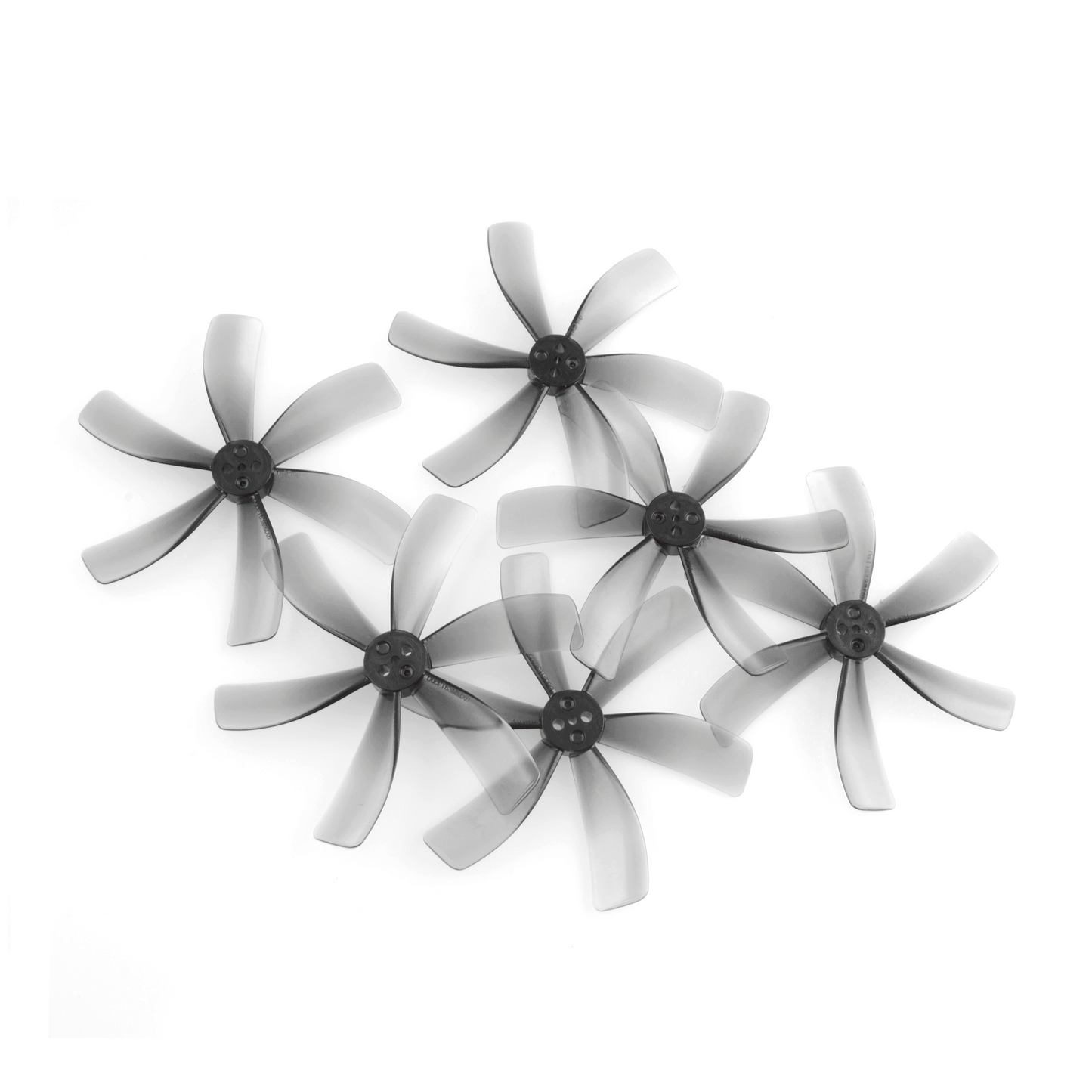 HQprop T63 63mm 6-blade polycarbonate propeller set shown from above, translucent gray blades