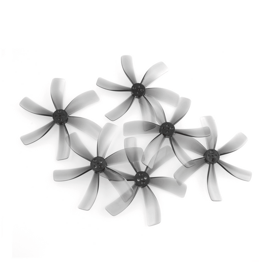 HQprop T63 63mm 6-blade polycarbonate propeller set shown from above, translucent gray blades